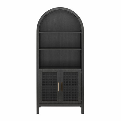 RealRooms Anaya Tall Arched Storage Cabinet with Faux Rattan Doors, Shadow Oak