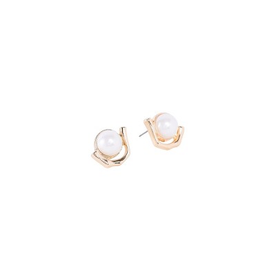 Slickblue Gold Pearl Stud Earrings, Semicircle Geometric Design, Chic Everyday Jewelry, 1"