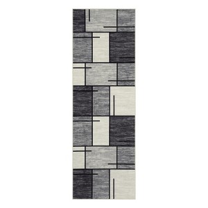 2 x 6 ft Polyester Velvet Towel Gray Rectangular Hallway Bathroom Entryway Kitchen Office Foldable Block Printed Modern Washable Area Rug - 1 of 4
