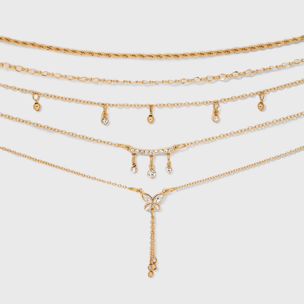 Curved Bar and Butterfly Charm Choker Necklace Set 5pc - Wild Fable™ Gold: Iron, Glass, Zinc Alloy