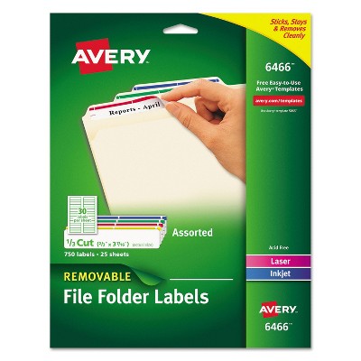 Avery Removable 1/3-Cut File Folder Labels Inkjet/Laser .66 x 3.44 WE/ASST 750/PK 6466