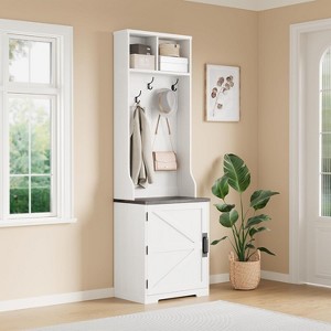 77Ft Tall White Hall Tree Mudroom Storage Organizer – Standing Coat Rack with Shoe Cabinet and Clothes Hanger for Entryway, Hallway and Mud Room - 1 of 4
