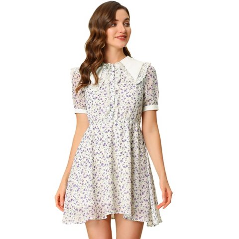 Женские платья INSPIRE CHIC Women's Lace Collar Short Sleeve Floral Print Dress White Purple X-Large