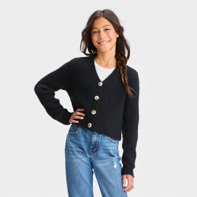 Girls' Cropped Fuzzy Cardigan Sweater - Art Class™ Black Xl : Target