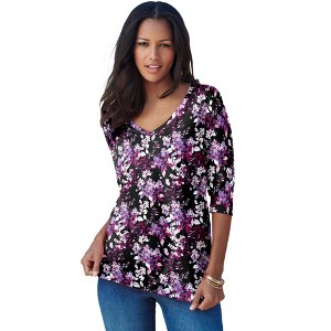 Roaman's Women's Plus Size Ultimate Long Sleeve V Neck Tee - 1 of 4