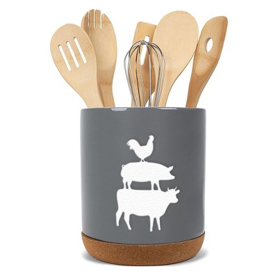 Elanze Designs Cow Pig Chicken Grey X-Large Cork Bottom Kitchen Utensil Holder