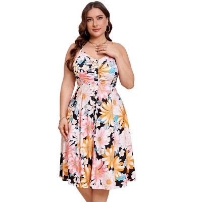 Womens Plus Size Summer Dress V Neck Floral Spaghetti Strap Sundress Button Down Pleated Swing Boho Midi Dress
