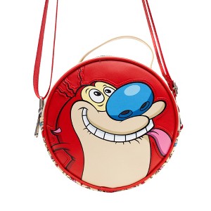 Nickelodeon Vegan Leather Round Crossbody Bag with Adjustable Straps, Ren and Stimpy Character Face Close Up Appliques, Red Beige - 1 of 4