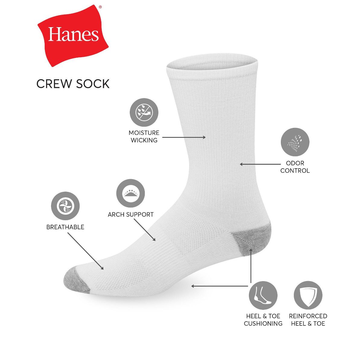 Hanes X-Temp Men's Lightweight Crew Socks, Shoe Sizes 6-12, 12-Pairs - thumbnail 2