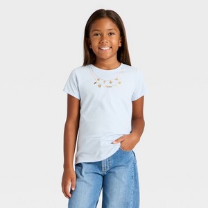 Girls' Short Sleeve 'Charm Necklace' Graphic T-Shirt - Cat & Jack™ Light Blue - 1 of 4