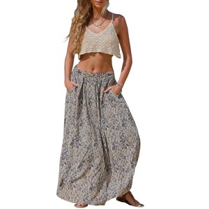 EXLURA Womens Elastic High Waist Flared Maxi Skirts Floral Swing Midi Skirt Casual Summer Long Skirt Beach Vacation Resort - 1 of 4