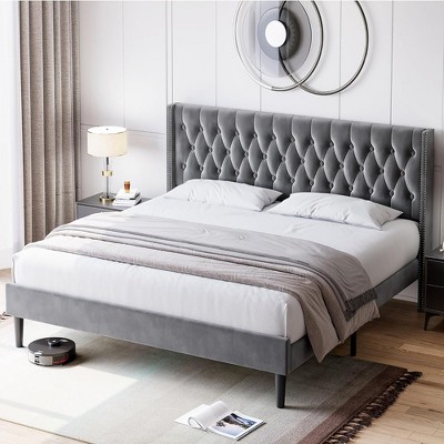 Whizmax King/Queen/Full Size Bed Frame, Upholstered Bed Frame with Velvet Wingback Button Tufted Headboard, No Box Spring Needed, Easy Assembly, Gray