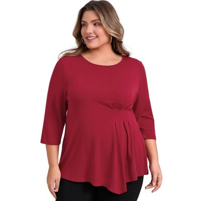 GRACE & GRANDEUR Women's Plus Size 3/4 Sleeve Waist Pleated Asymmetric Hem Crew Neck Casual Blouses