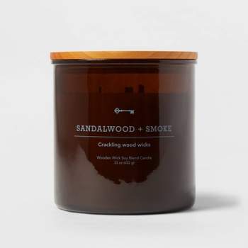 New - 23oz XL 3-Wick Leather + Embers Wooden Amber Glass with Wood Lid and Stamped Logo Amber - Threshold