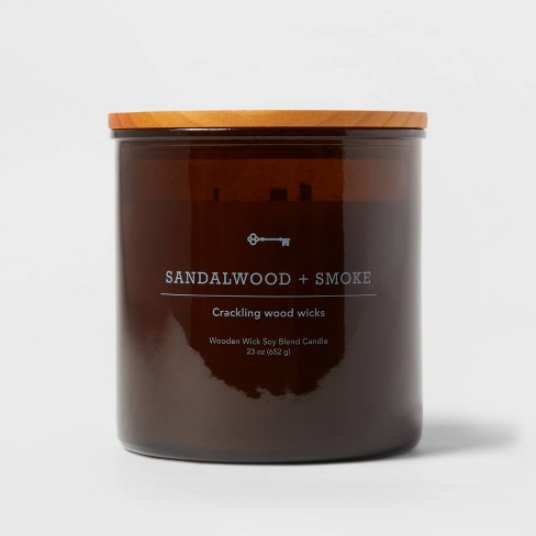 3-wick Amber Glass Sandalwood + Smoke Lidded Wood Wick Jar Candle