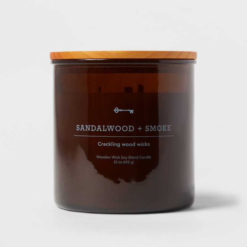 3-Wick Amber Glass Sandalwood + Smoke Lidded Wooden Wick Jar Candle 21oz - Threshold&#8482;, 1 of 5