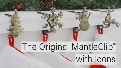 Antique Brass Holiday Icon MantleClip Stocking Holders, 4-Pack