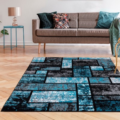 Turquoise Geometric Squares 5x7 Modern Colorblock Area Rug