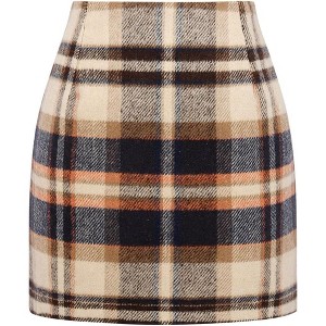 Women's High Waist Plaid Skirt - Wool Blend Bodycon Pencil Mini Skirt Brown 01 - 1 of 4