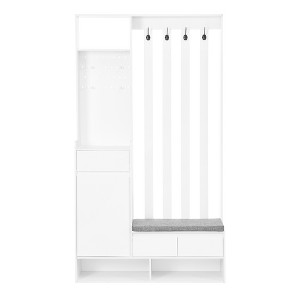 CLIHOME Contemporary Hall Tree Storage with Cushioned Storage Bench, Multifunctional Hallway Shoe Cabinet with Pegboard & 4 Hooks - 1 of 4