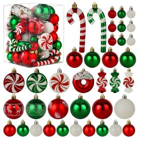 Aoibox 60 Pack Green Red White Shatterproof Plastic Christmas Tree Ornaments Set Assorted Balls Candy Donut for Home Party Decor - 1 of 4