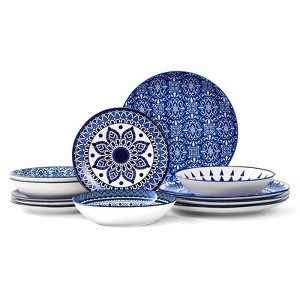 Itopfox Porcelain Dinnerware Set for 4, 12-Piece Hand-Drawn Plates & Bowls Handmade Ceramic Dish Set Chip-Resistant Dishwasher & Microwave Safe Blue - 1 of 4