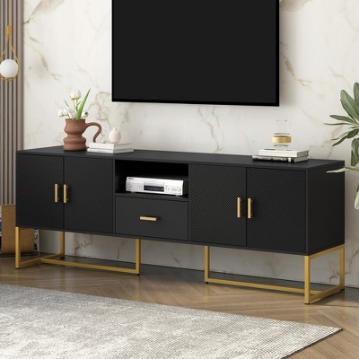 TIRAMISUBEST Modern TV Stand for TV up to 70 Inches, TV Cabinet with 1 Drawer, 2 Cabinets and Metal Legs, Handles and Anti-tip Device for Living room