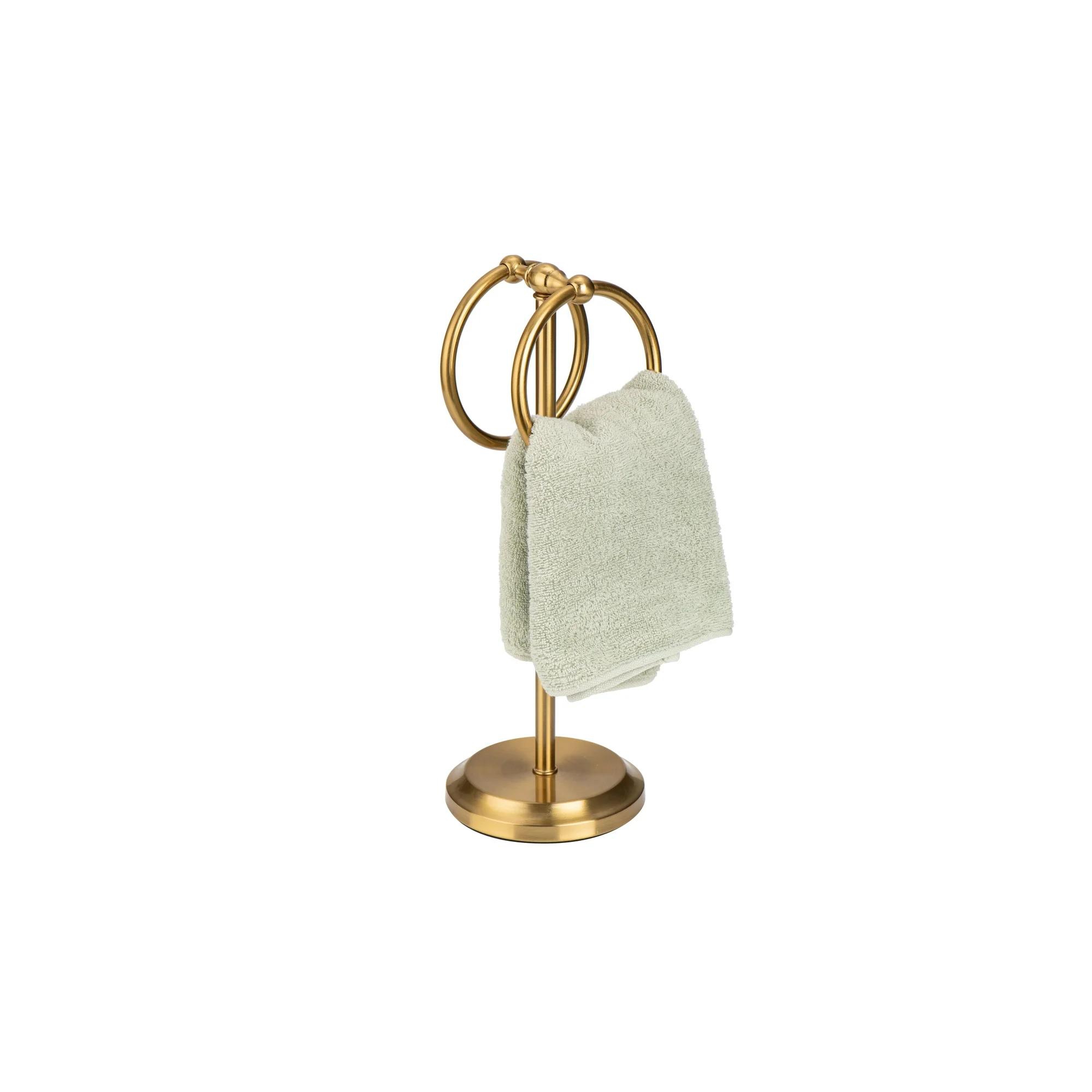 J&V TEXTILES Steel Towel Rack Holder Stand with 2 Hanging Rings for Bathroom Vanity Countertops - Space Saving Hand Towel Holder