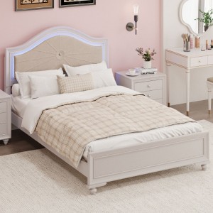 Modern Full Size Wood Bed with Hidden LED Light Upholstered Curved Headboard - 1 of 3