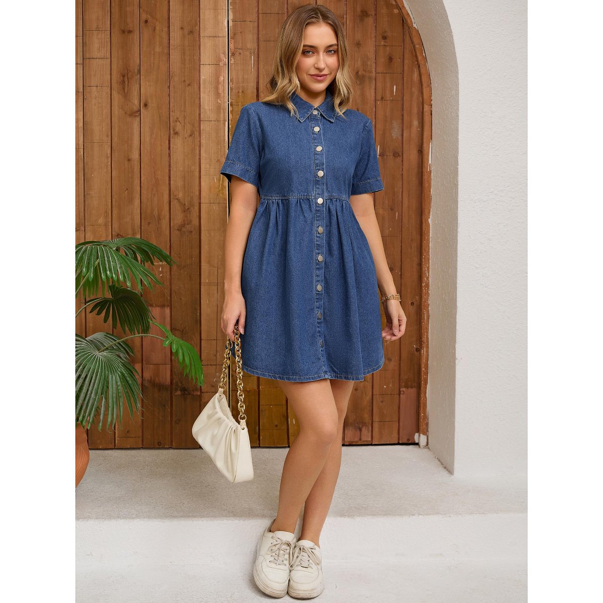 Женские платья INSPIRE CHIC Women's Denim Short Sleeve Button Down Turndown Collar Babydoll Mini Shirt Dresses 2 Packs Blue/Deep Blue Large — фото 4