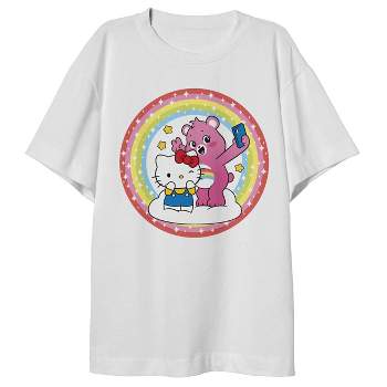 Care Bears x Hello Kitty Selfie Rainbow Circle Crew Neck Short Sleeve Youth Girl White Shirt