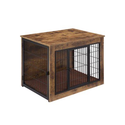VisioGear Dog Crate Furniture with Cushion, 27" Dog Kennel with Double Door for Large Dogs, Brown, 27.17"*20.08"*23.82"
