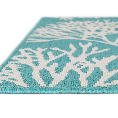 Teal and Ivory Synthetic Square Outdoor Rug