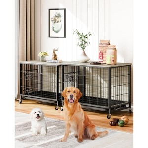 Wooden Dog Crate Furniture with Wheels and Double Door – Modern Pet House, Removable Tray, Stylish End Table for Living Room, Bedroom, and Outdoors - 1 of 4