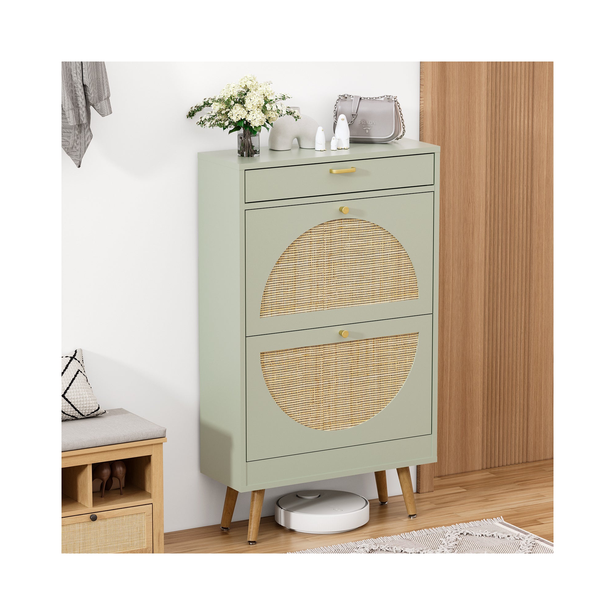 Brafabhome Rattan Shoe Storage Cabinet with 2 Flip Drawers, Freestanding Narrow Entryway Shoe Organizer for Slippers Boots, Holds 12 Pairs | Green