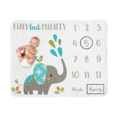 Image of Sweet Jojo Designs Boy, Girl, Unisex/Gender Neutral Baby Milestone Blanket Mod Elephant Blue, Green, and Grey