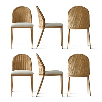 Barcelona Rattan Dining Room Chair, Linen Dining Chair with Double Layer Rattan Back, Cane Dining Chair with Metal Legs, 2pk 4pk 6pk - Maison Boucle