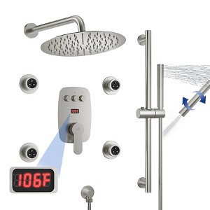 CASAINC 12 inches Wall Mounted Round Shower System with 4 Body Jets & Handheld Spray Grab Bar, Brushed Gold - 1 of 4