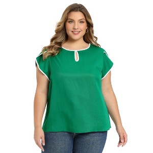 Women's Plus Size Contrasting Colors Keyhole Tulip Sleeve Summer Casual Blouses - GRACE & GRANDEUR - 1 of 4
