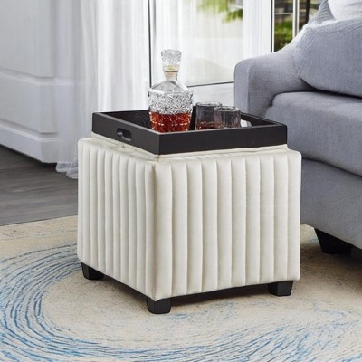 Alilang 17.50 inch Upholstered Ottoman with Tray Top and Vertical Channel Stitching-Beige
