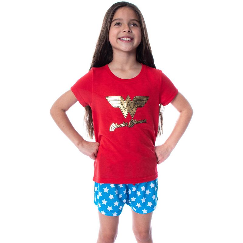 DC Comics Girls' Wonder Woman Gold Foil Logo Shirt and Shorts Pajama Set WW Logo, 1 of 6