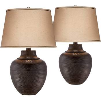 Barnes and Ivy Brighton Rustic Farmhouse Table Lamps 27 1/4" Tall Set of 2 Hammered Bronze Beige Linen Drum Shade for Bedroom Living Room Bedside Kids
