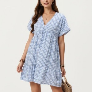 Anna-Kaci Women's Short Sleeve V Neck Plaid Mini Dress with Tiered Hem Loose Fit Casual Lightweight Summer Dress - Small, Light Blue