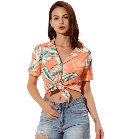 Allegra K Women's Hawaiian Floral Leaves Printed Short Sleeve Button Down  Vintage Beach Shirt Orange X-Small