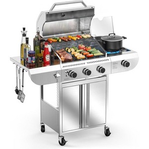 ZAFRO 3-Burner Propane Gas Grill with Side Burner 34,000 BTU Stainless Steel Outdoor BBQ Grill, Cast Iron Grates, Portable for Patio, Camping - 1 of 4