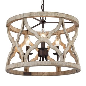 LNC Quaint 3-Light 15.5" Farmhouse Lantern Small Chandelier, Antique Bronze and Distressed White Wood - 1 of 4