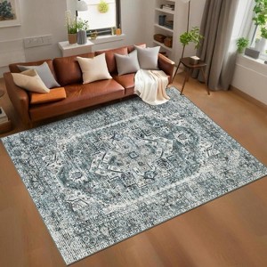 5'x7' Washable Rug, Non-Slip Vintage Medallion Low-Pile Rug, Foldable for Living Room, Dining Room & Bedroom, Blue Green - 1 of 4
