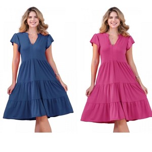 INSPIRE CHIC Women's Ruffle Short Sleeve V Neck Side Pockets Midi Dress 2 Packs - 1 of 4