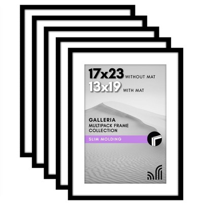 Americanflat 17x23 Picture Frame with Polished Plexiglass - Set of 5 - Use as 13x19 with Mat or 17x23 Without Mat - Galleria Collection - Black
