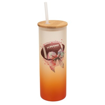 Elanze Designs 25 Ounce Frosted Glass Gradient Travel Tumbler With Straw and Wooden Lid, Football With Disco Bow Orange
